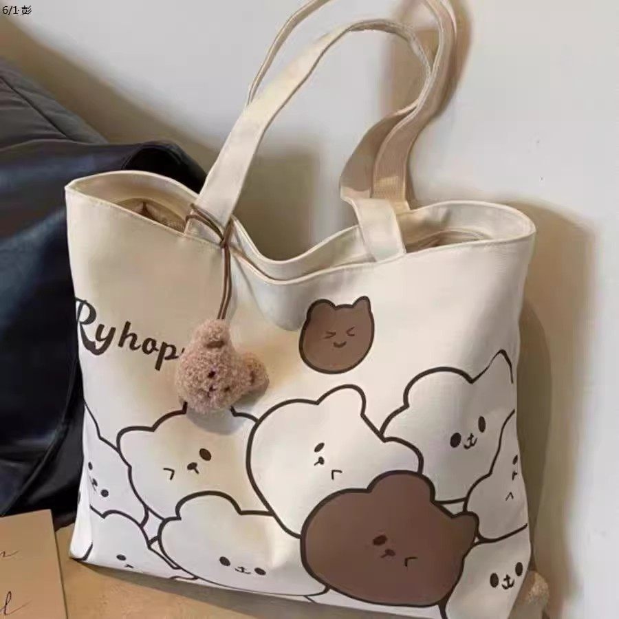 thumbnail for Casual large-capacity bag female college student class commuting summer new cartoon bear canvas bag shoulder tote bag