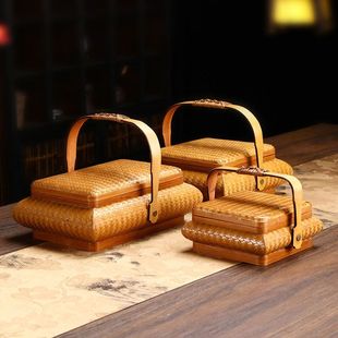 新款带盖提篮竹编大漆手提收纳盒中式手工便捷茶具收纳水果点心盒