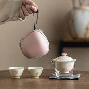 单人户外便携快客杯一壶二杯 三八女神节 手绘樱花旅行茶具套装