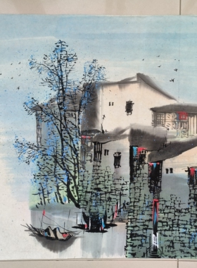 手绘真迹江南水乡三尺斗方水墨画