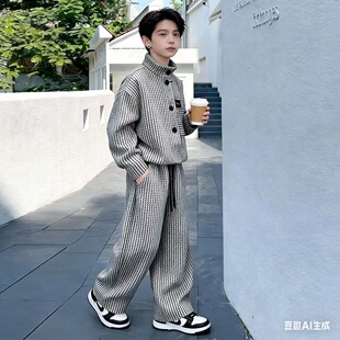 洋气阔腿裤 两件套宽松日常出行服 条纹立领套装 2026男女童春秋韩版