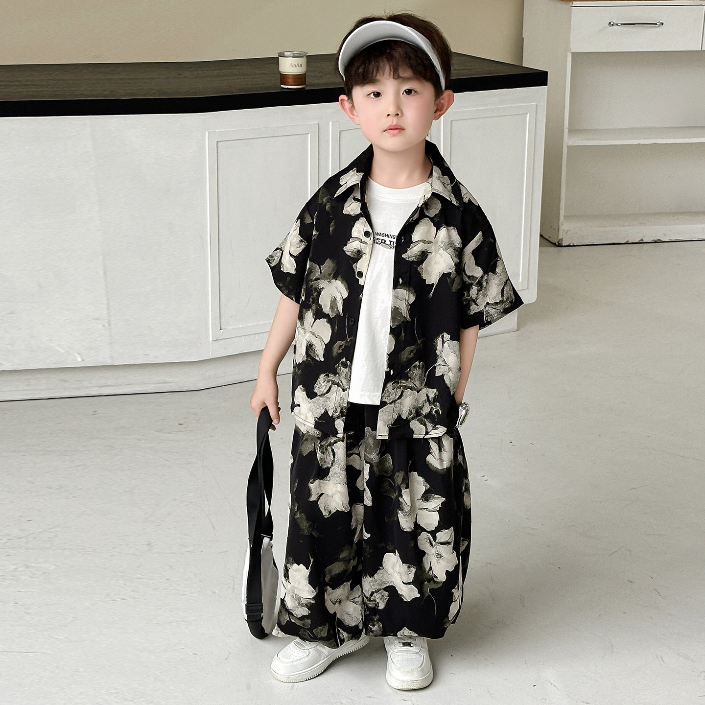 男童夏装新款碎花衬衫套装度假风国风水墨短袖两件套潮帅气时髦