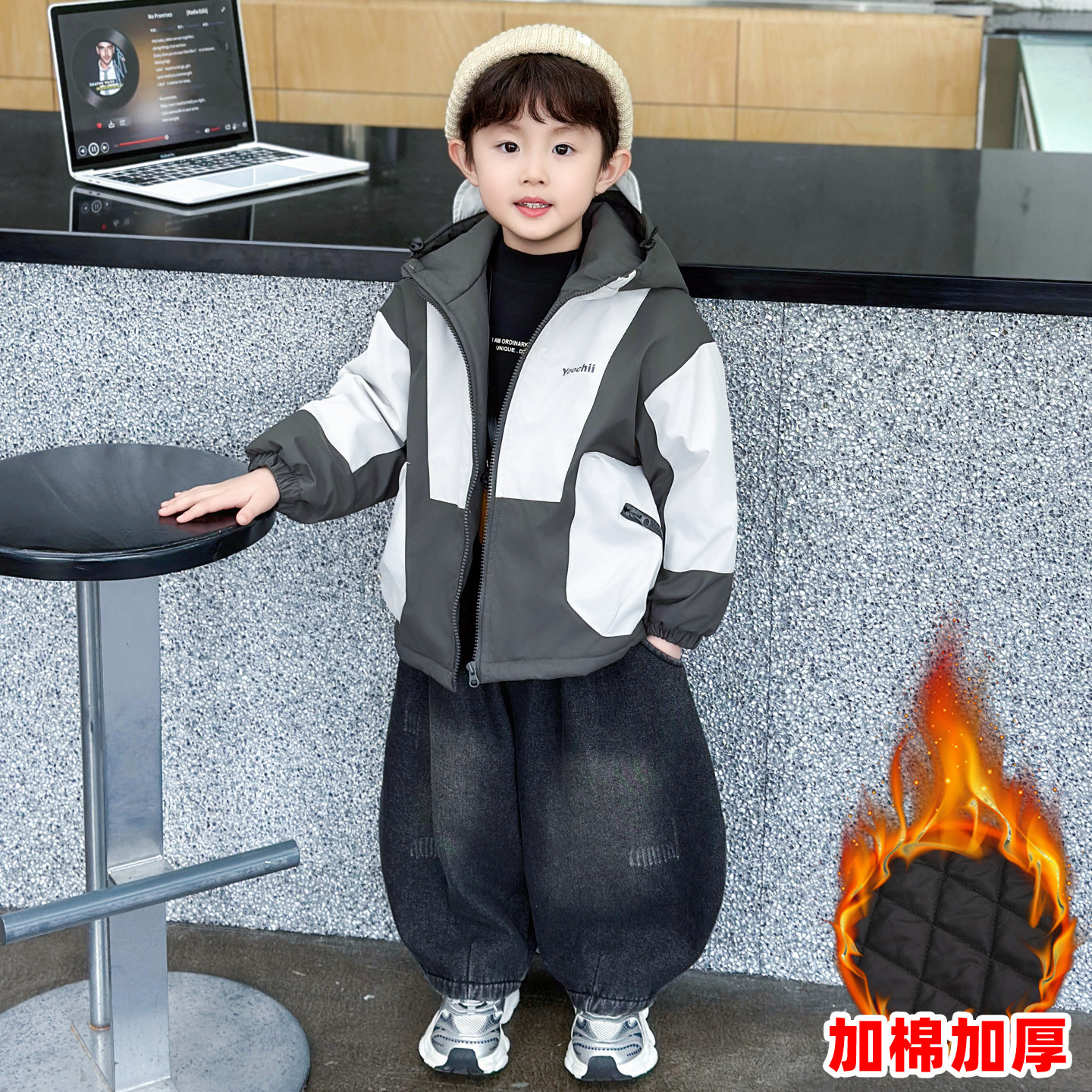 男童秋冬加厚棉服连帽拉链外套