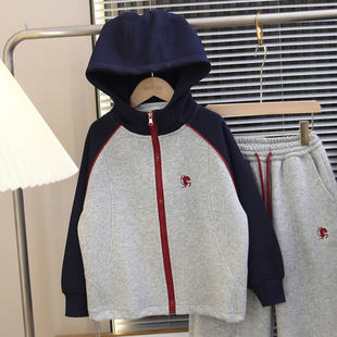 男童春秋休闲连帽拉链外套中大童宽松运动上衣红色刺绣两件套卫衣