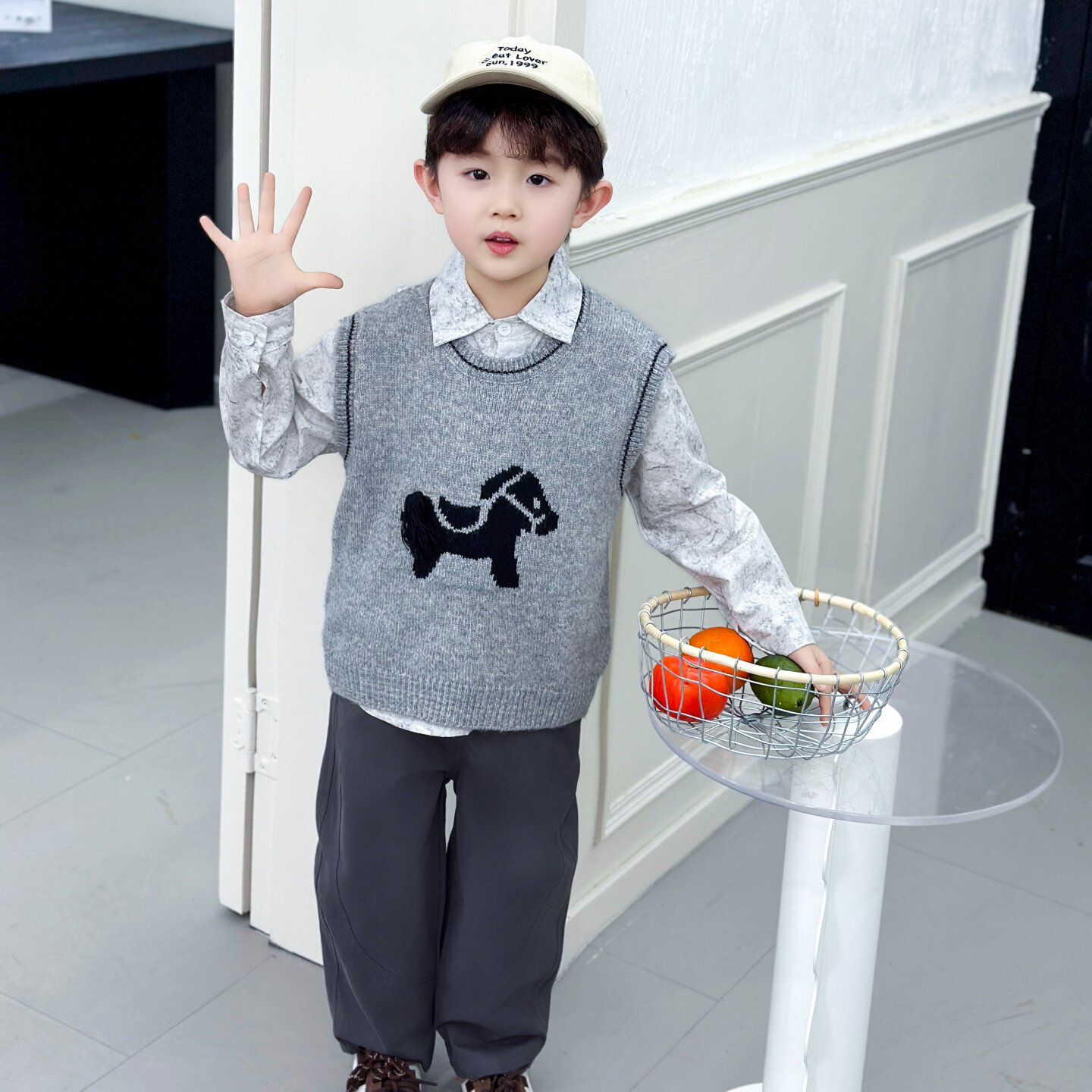 韩版男童春秋毛线马甲衬衫三件套洋气男宝宝小马春装真三件套装