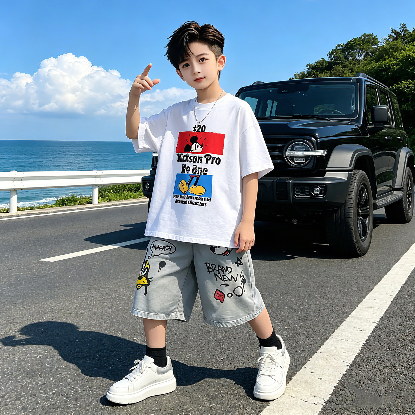 美式卡通男童夏季T恤牛仔短裤套