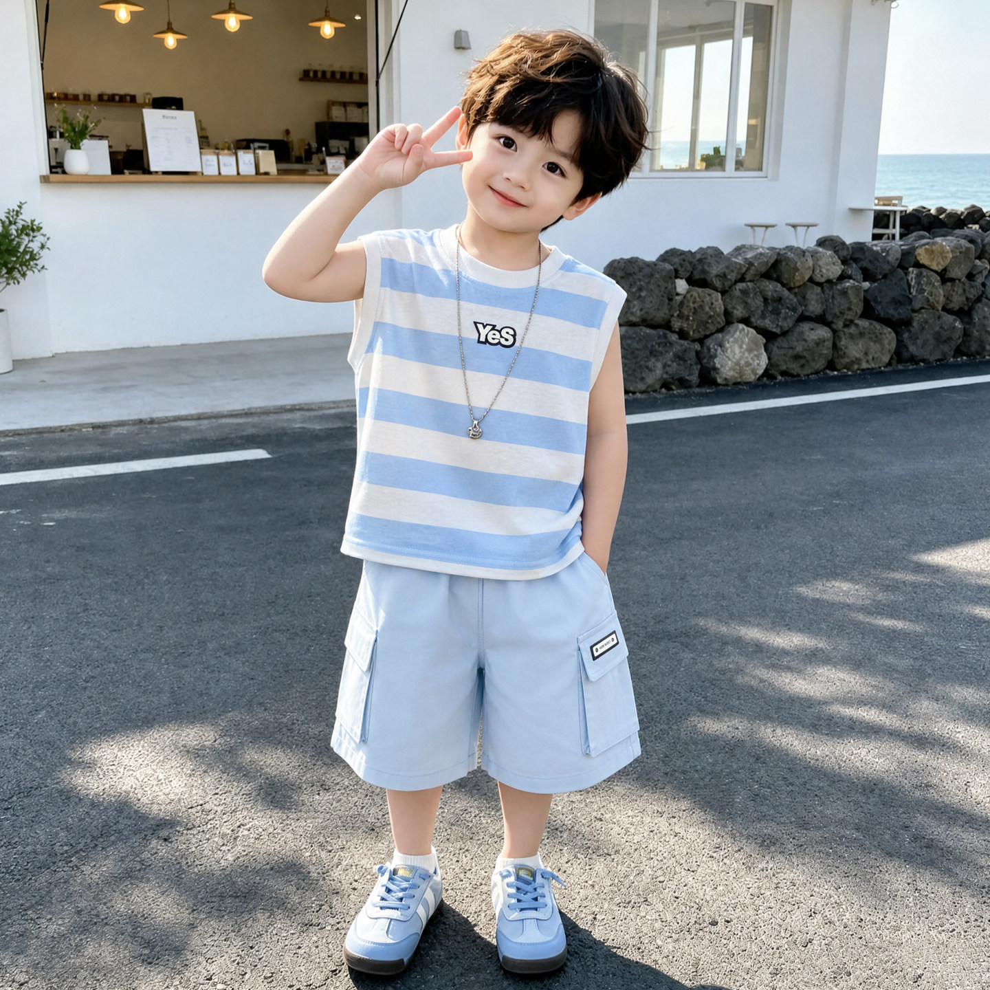 男童夏季条纹背心工装短裤两件套