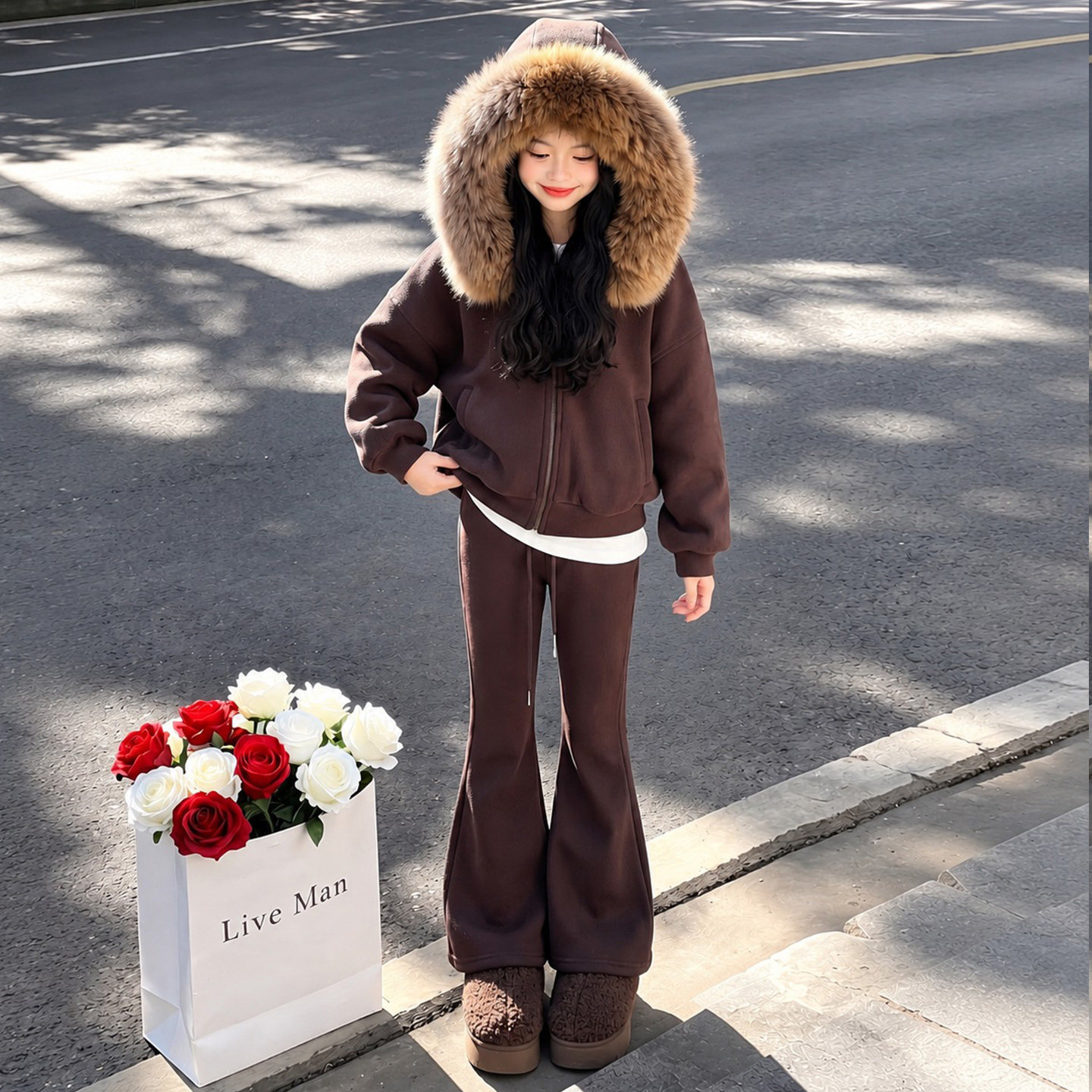韩系连帽加绒大毛领卫衣套装女冬