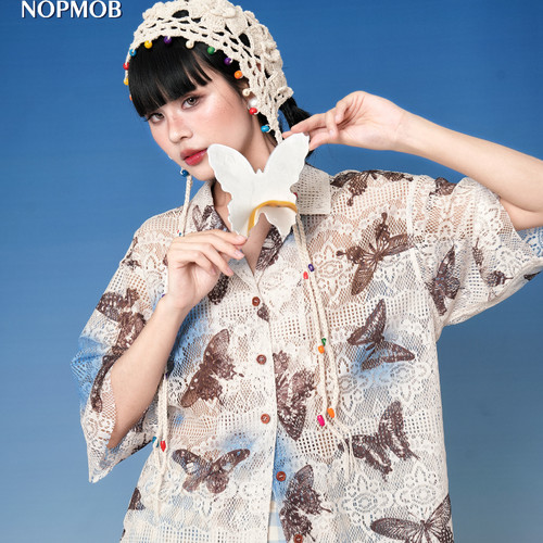 NOPMOB 蝴蝶蕾丝 原创设计感印花小众新薄款宽松防晒短袖衬衫女夏