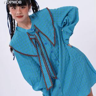 NOPMOB 蓝绿色小格子领带蝴蝶结娃娃领小个子宽松长袖衬衫连衣裙