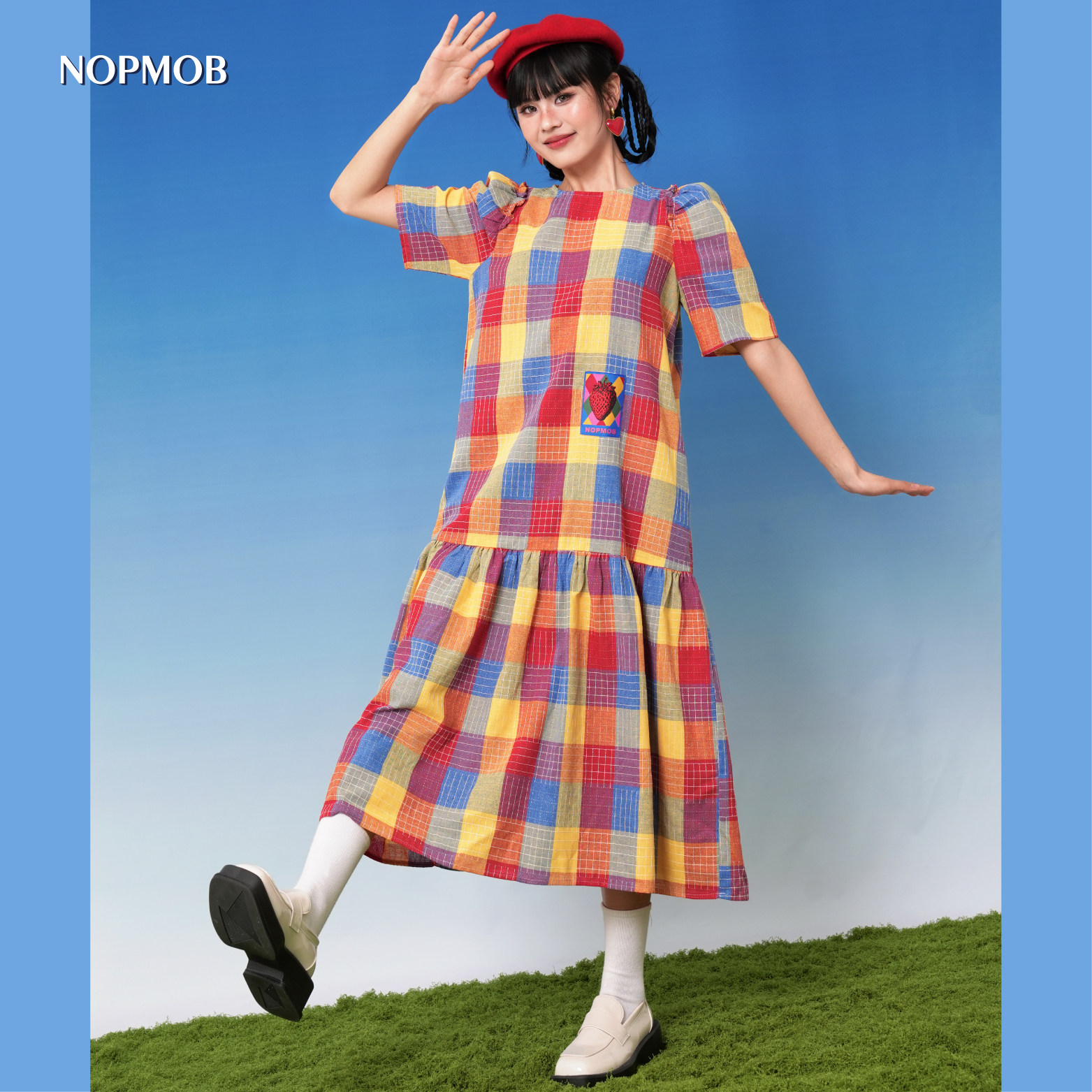 NOPMOB 彩虹糖豆 彩色格子宽松显瘦泡泡袖大码新款大摆连衣裙女夏