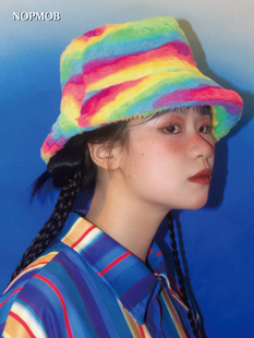 渔夫帽女毛绒冬季 NOPMOB 新款 秋冬季 可爱保暖帽子 彩虹毛毛绒绒