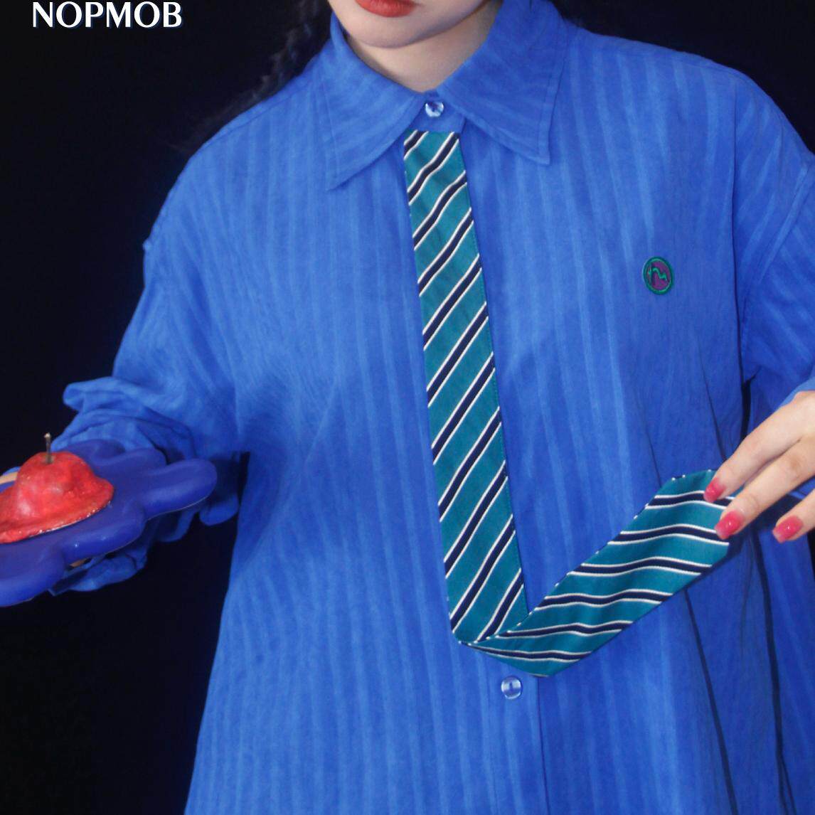 NOPMOB 画廊报童 美式复古假领带结构设计灯芯绒感宽松条纹衬衫