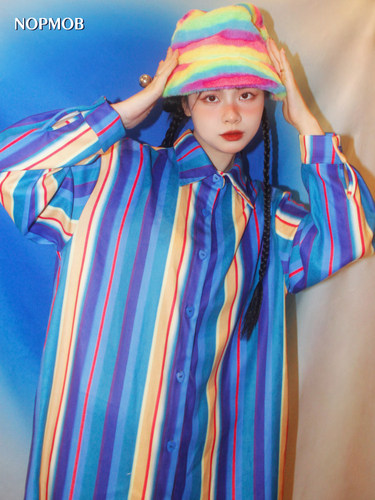 NOPMOB 彩虹砂糖 宽松大码微胖MM显瘦衬衫连衣裙女秋装2023新款