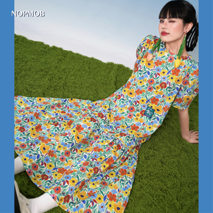 度假风泡泡袖 手绘原创设计感碎花大码 小众连衣裙 灿烂花朵 NOPMOB