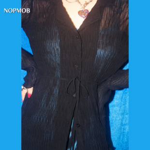 NOPMOB 黑色褶皱 冰丝雪纺气质原创设计感防晒喇叭长袖衬衫女夏