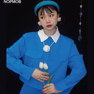 NOPMOB昭和美少女 复古vintage风原创设计感湖蓝色长袖套装连衣裙