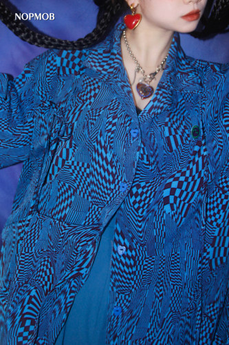 NOPMOB 蓝色梦魇 原创设计蓝色棋盘格抽绳解构绑带薄款宽松衬衫女