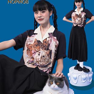 衬衫 NOPMOB 短袖 手绘原创设计艺术生穿搭套装 连衣裙夏 复古小猫咪