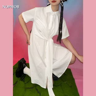 NOPMOB 茉莉奶白 显高显瘦收腰气质结构绑带打结衬衫连衣裙女夏