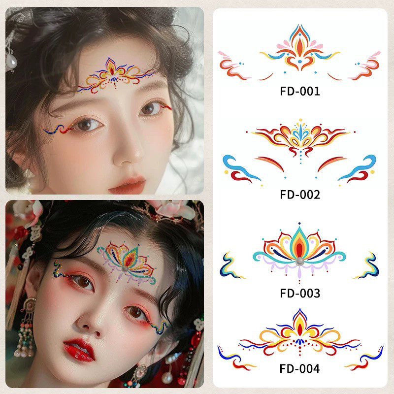 敦煌飞天汉服眉心贴花钿古装国风儿童可爱女孩额头贴纸印红心贴纸