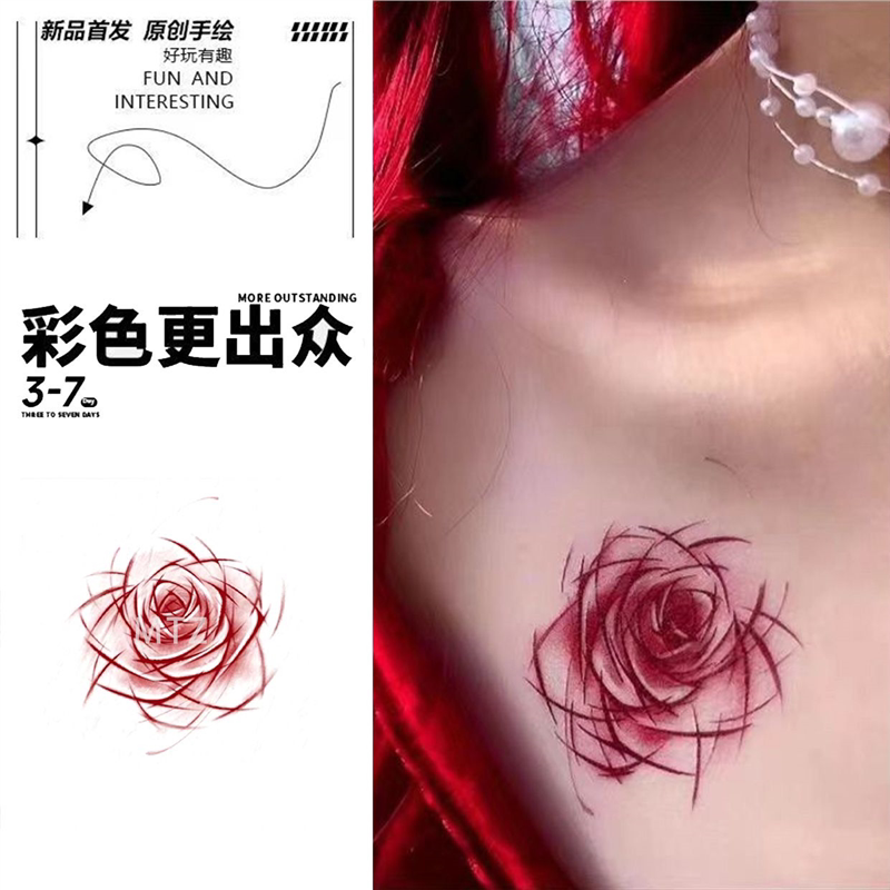 红花玫瑰花纹身贴纸防水女款持久性感防汗胸部遮遐刺青花朵纹身贴
