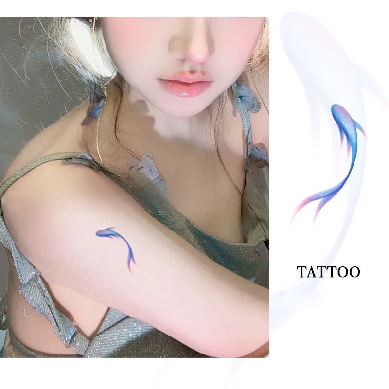 蓝色锦鲤彩色纹身贴女防水持久甜酷辣妹高颜值逼真手腕海洋系贴纸