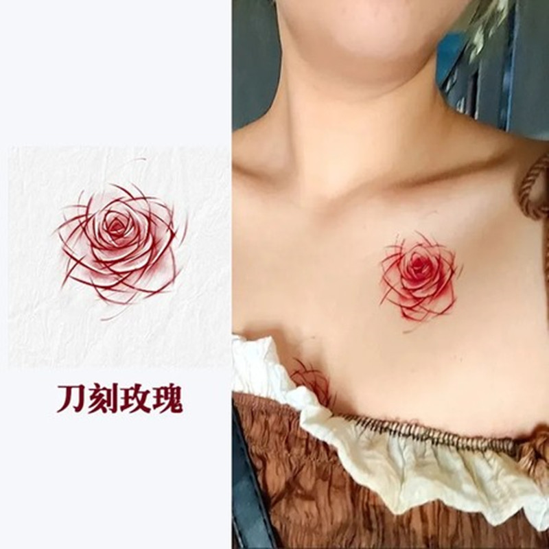 红色玫瑰植物花朵少女纹身贴唯美性感腿环腿部锁骨胸口脚踝纹身贴