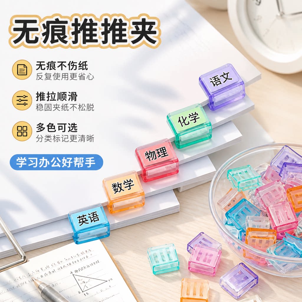 透明推推夹推夹器试卷收纳无痕装订办公文件文具固定小夹子燕尾夹
