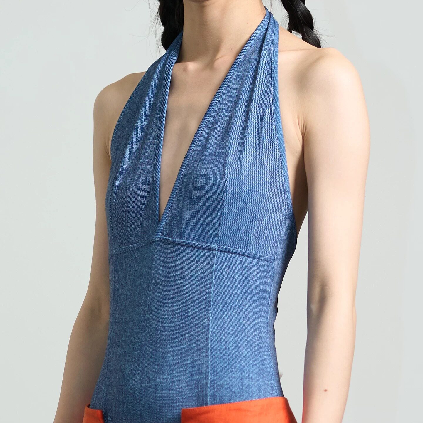 ENK SH 牛仔蓝印花挂脖露背连体衣