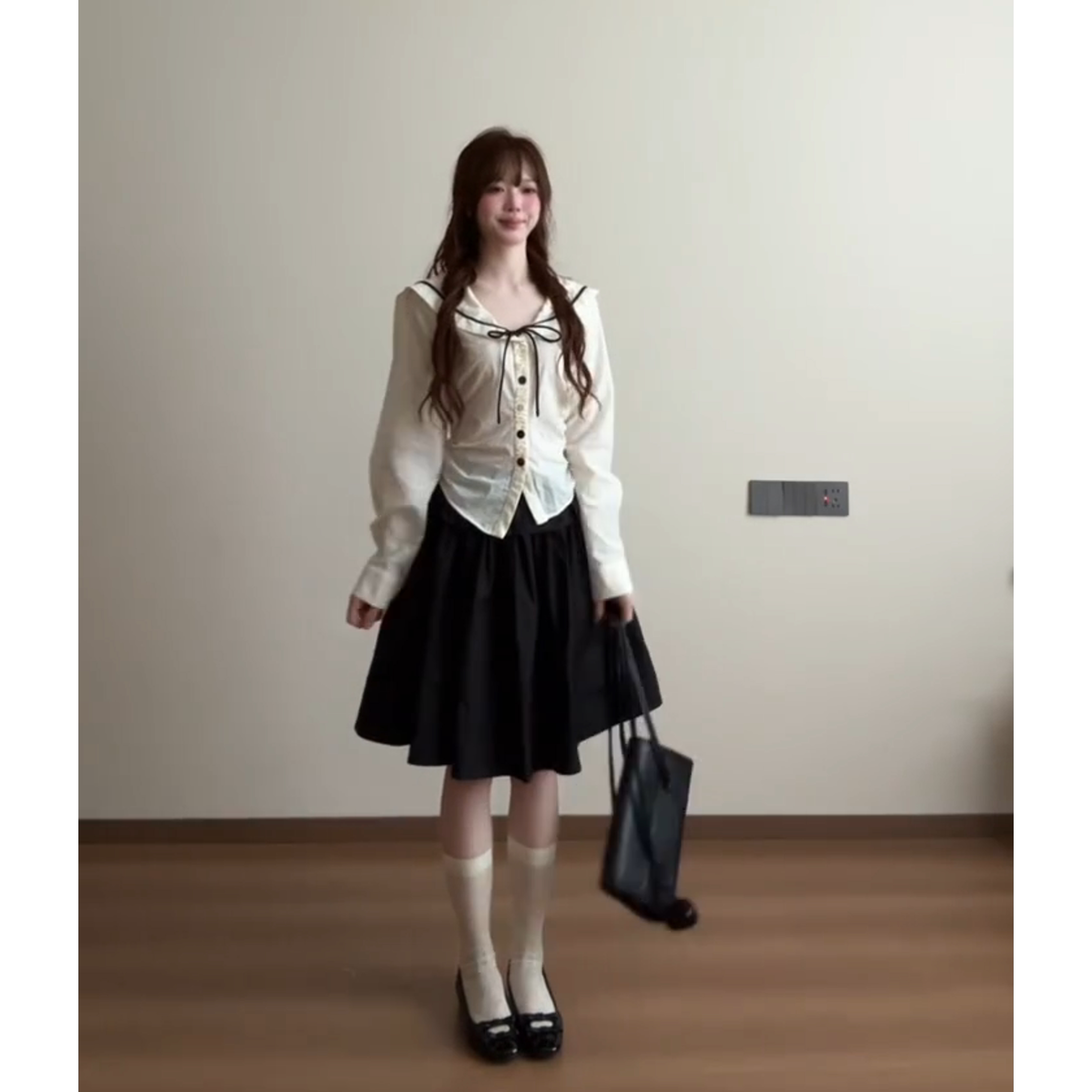 Seoulmate7韩系学院风海军领长袖衬衫女春减龄上衣高腰显瘦半身裙