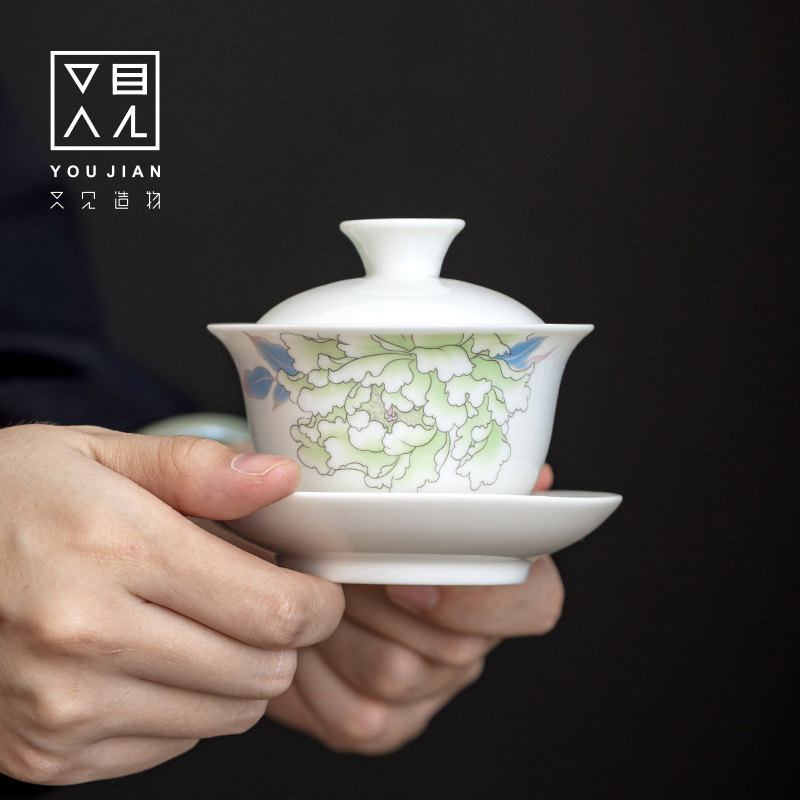 又见造物德化羊脂玉瓷悬停牡丹花开 三才盖碗白瓷高端茶具套组