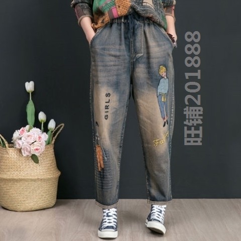 A牌新款单款/加绒加厚牛仔裤女刺绣贴布休闲做旧深色松紧高腰长裤|msdalam kategori Butik wanita / wanita, seluar, seluar santai - dari Buy2taobao.com untuk memberikan perkhidmatan ejen Taobao profesional membeli