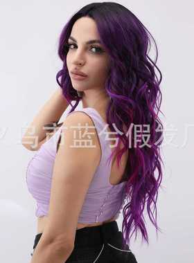新款直销欧美时尚前蕾丝假发紫色卷发假发 Tik Tok 亚马逊热卖款