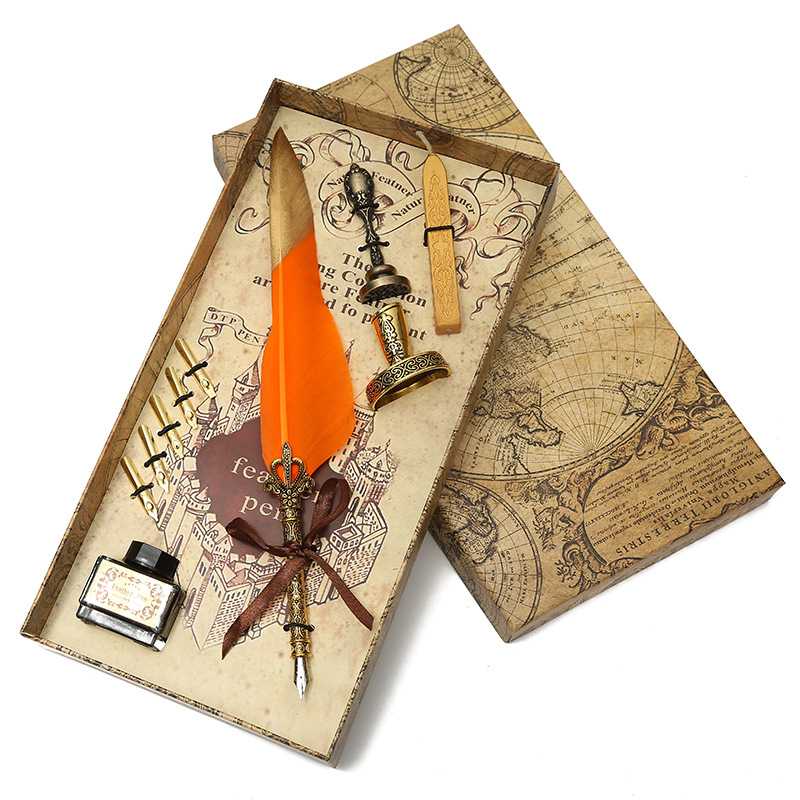 新款直销复古金属鹅毛羽毛笔套装钢笔礼盒签字笔师生教师节礼品笔