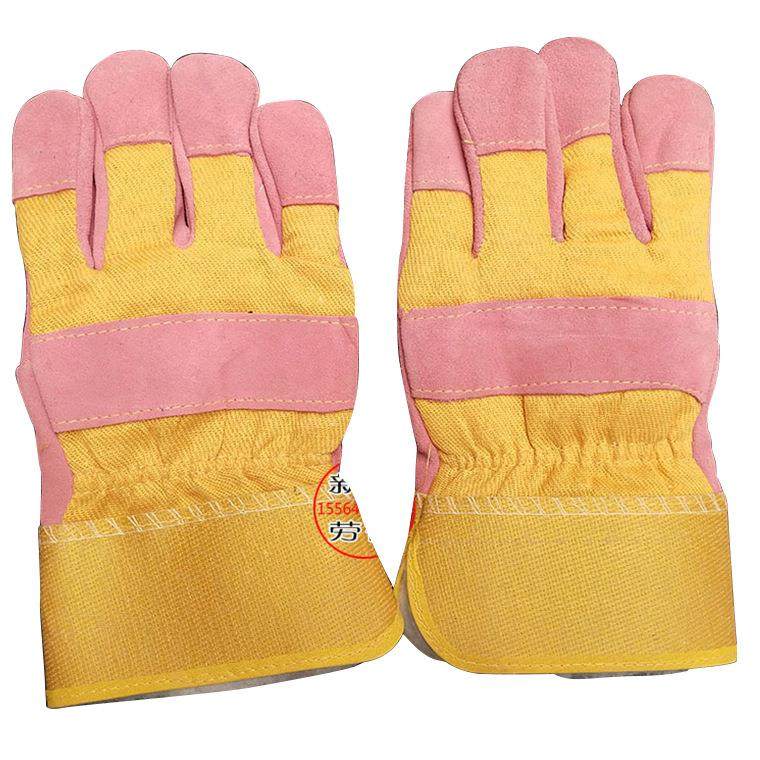新款直销短款分刀二层牛皮粉色半皮内加绒保暖电焊手套 焊工电焊