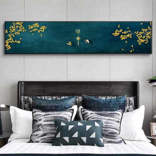 新款直销新中式现代简约中国红横幅挂画墨绿树枝屋檐床头版画客厅