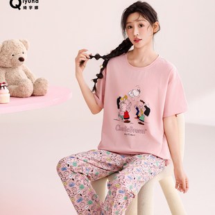 绮宇娜睡衣女士夏季短袖长裤套头可爱卡通家居服套装薄款