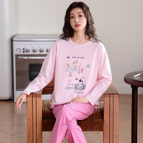 绮宇娜睡衣夏季棉氨长袖圆领套头可爱卡通青年家居服套装薄款