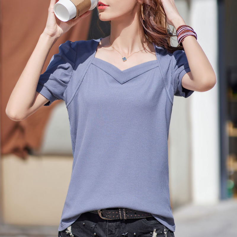 莫代尔t恤女短袖宽松泡泡袖坑条螺纹v领设计感夏季半袖上衣体恤潮