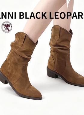 安妮黑豹正品西部堆堆靴女尖头骑士中筒短靴粗跟瘦瘦绒面马丁靴女