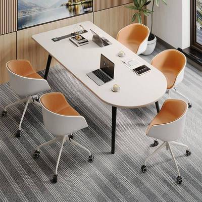 意式白色圆头实木小型会议桌6人轻奢高级感设计师创意长桌工作台