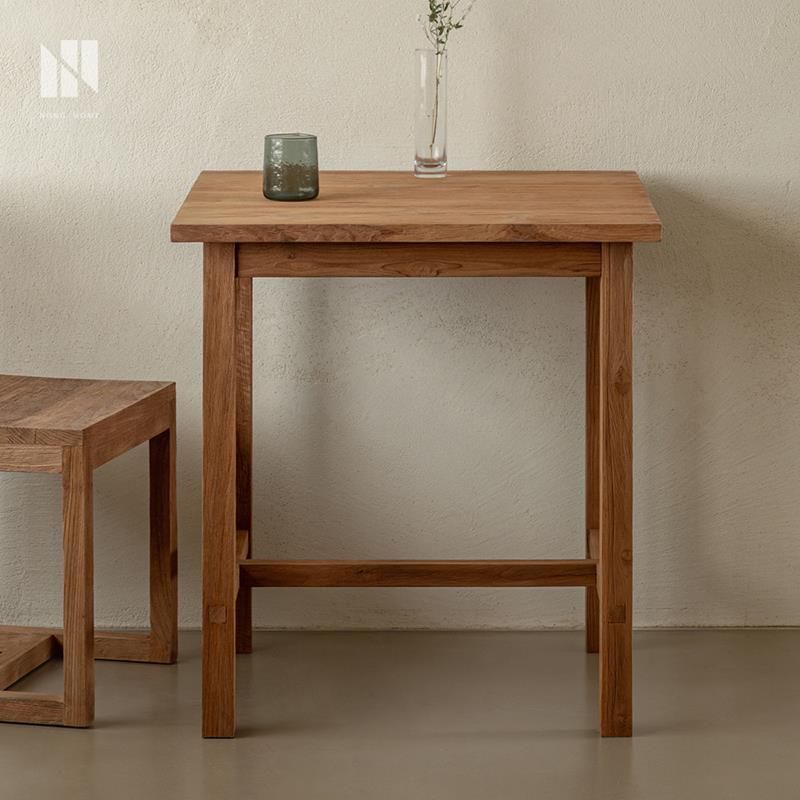 弄物集 复古风餐厅方形餐桌实木咖啡桌小方桌侘寂风做旧木头桌子