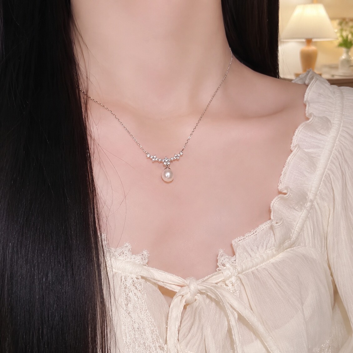 不掉色闪钻微笑珍珠锁骨链