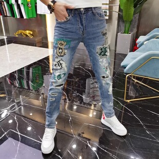 潮牌网红小熊印花牛仔裤男2025秋冬款潮流时尚韩版修身小脚长裤子