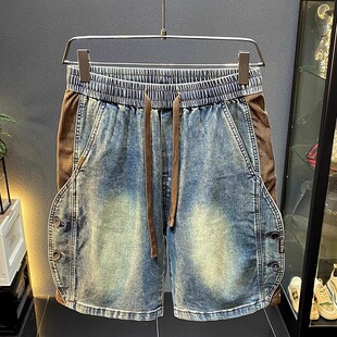 美式潮牌拼接牛仔短裤男夏季宽松大码工装五分裤痞帅直筒外穿马裤