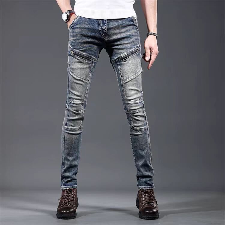 欧洲站高端个性机车牛仔裤男士2025春季新款潮流帅气修身小脚裤子