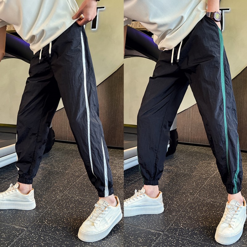 速干运动裤男士夏季薄款冰丝休闲裤痞帅修身撞色九分裤束脚哈伦裤