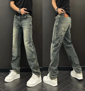 工装牛仔裤男士多口袋宽松直筒长裤水洗春夏新款复古百搭哈伦裤潮