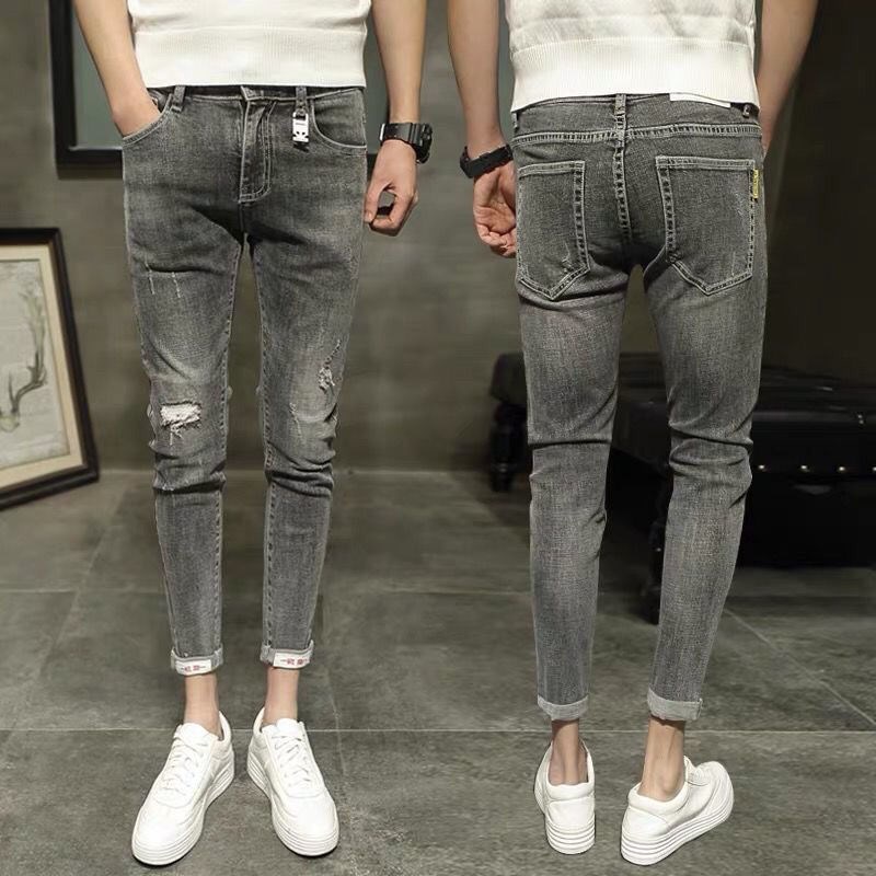 春季男士灰色修身牛仔裤青少年韩版紧身痞帅九分小脚裤网红铅笔裤